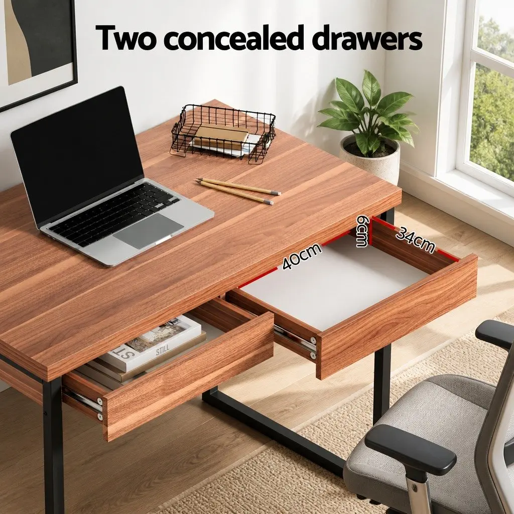 Walnut and Black Computer Desk with Drawers