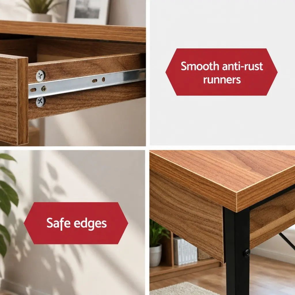 Walnut and Black Computer Desk with Drawers