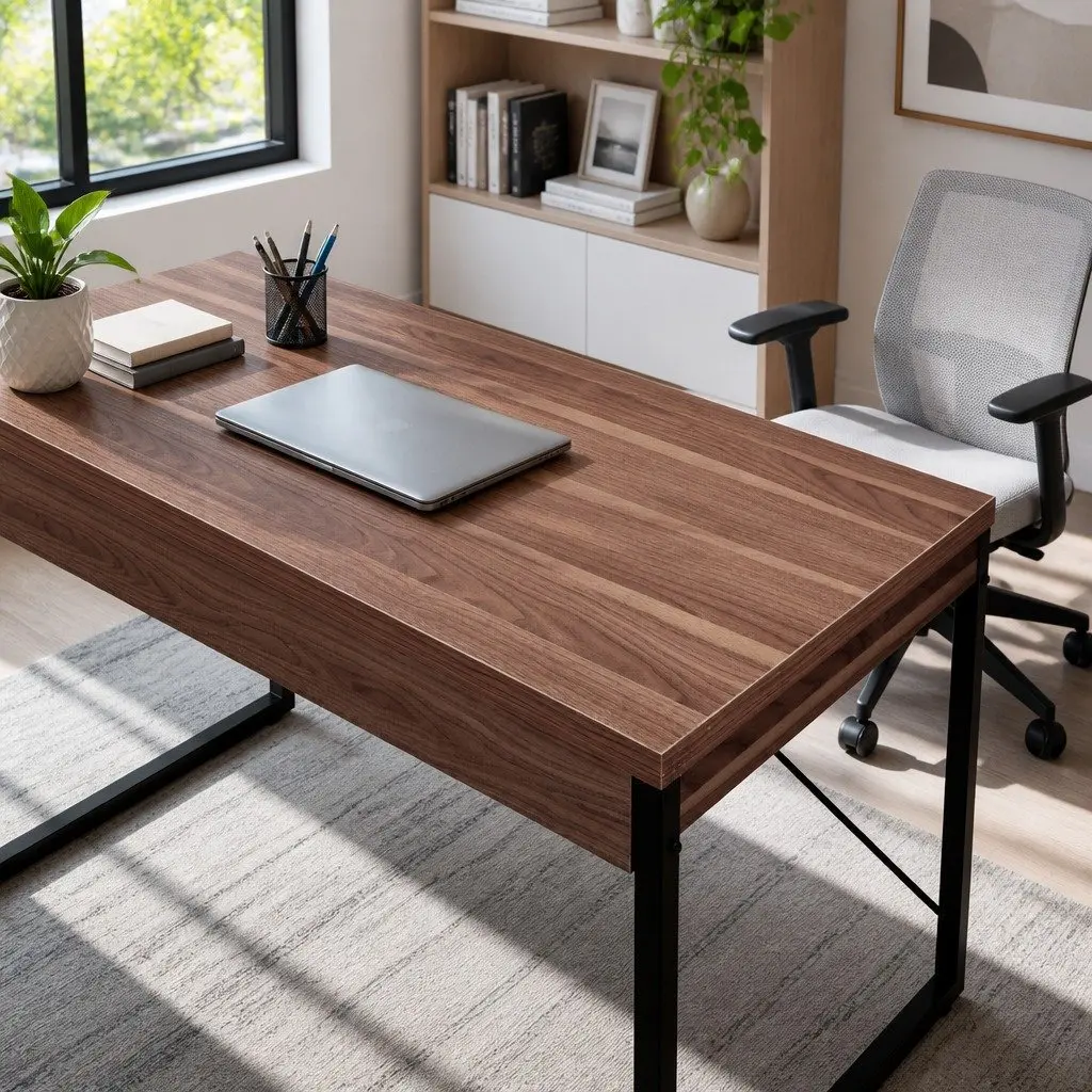 Walnut and Black Computer Desk with Drawers