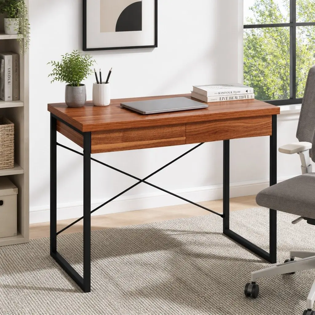 Walnut and Black Computer Desk with Drawers