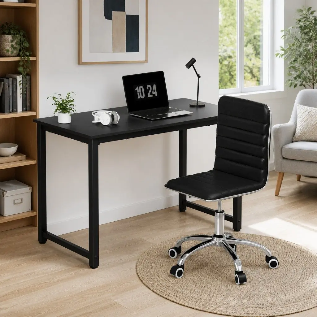 Computer Desk Metal 120cm Black Office Chair PU Leather Low Back