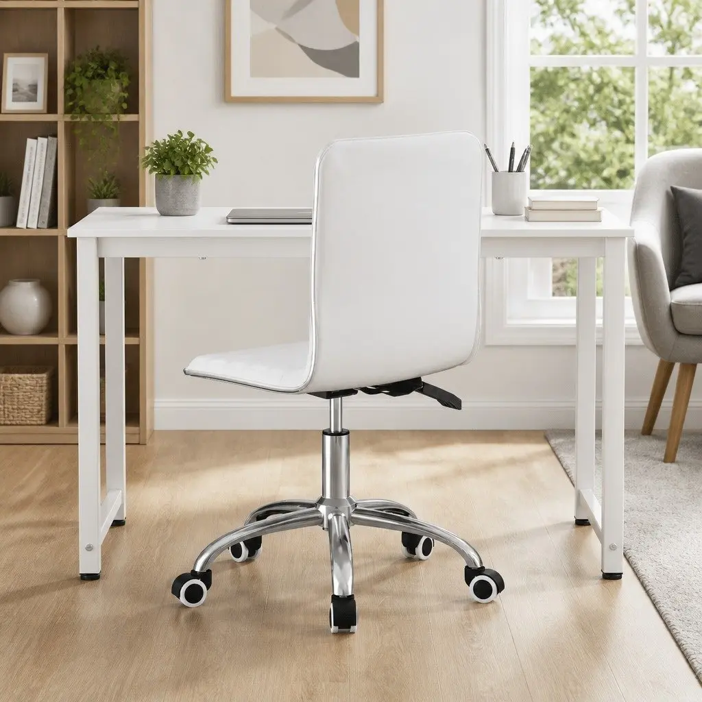 Computer Desk Particle Board Metal 120cm White Office Chair PU Leather Adjustable Height