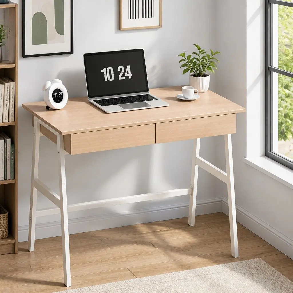 Oak White Computer Desk with Storage Drawers