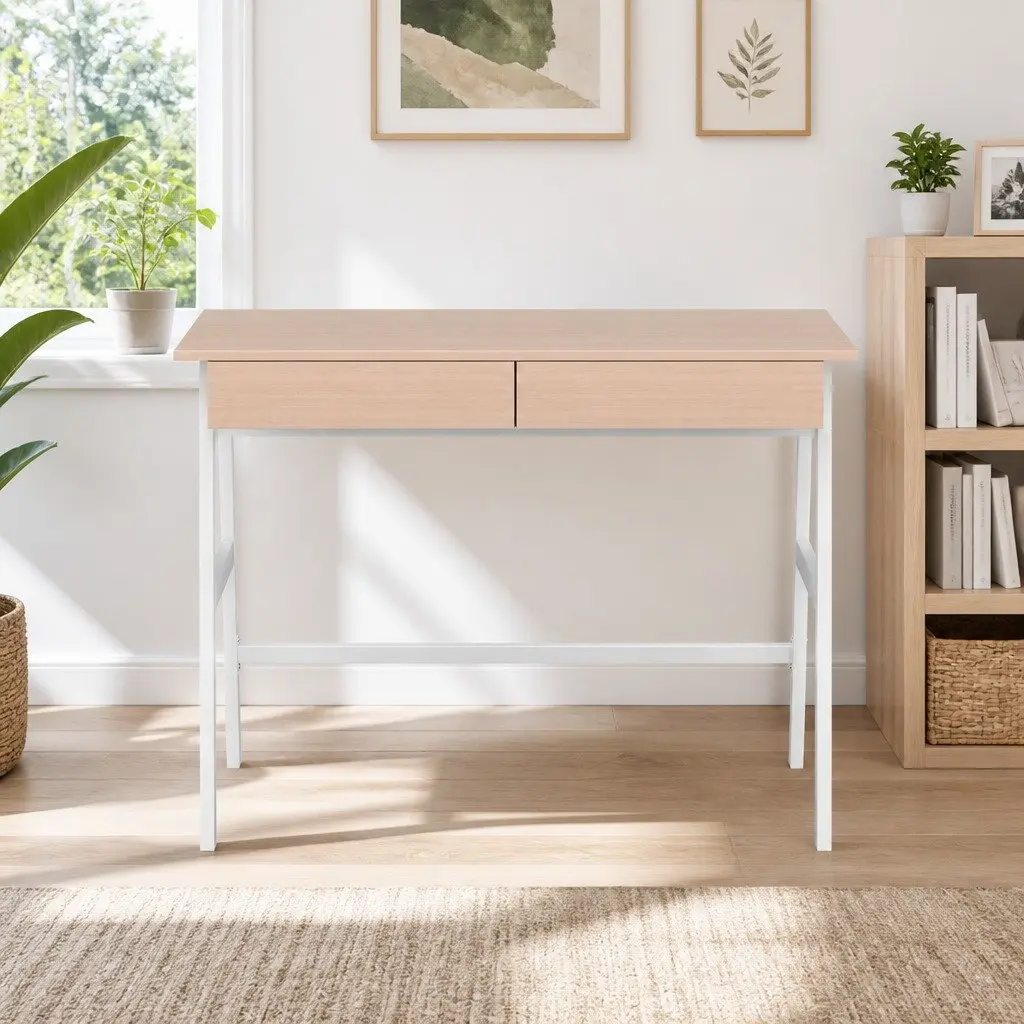 Oak White Computer Desk with Storage Drawers