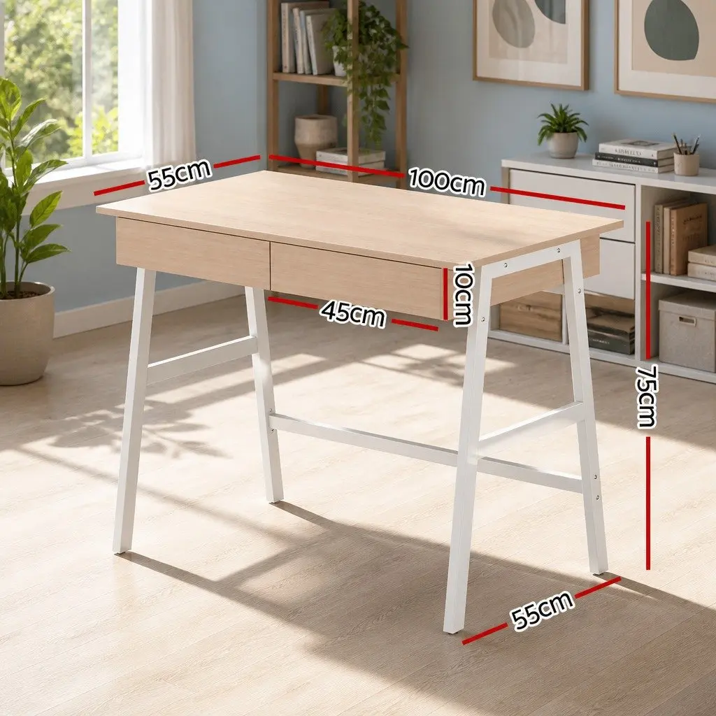Oak White Computer Desk with Storage Drawers