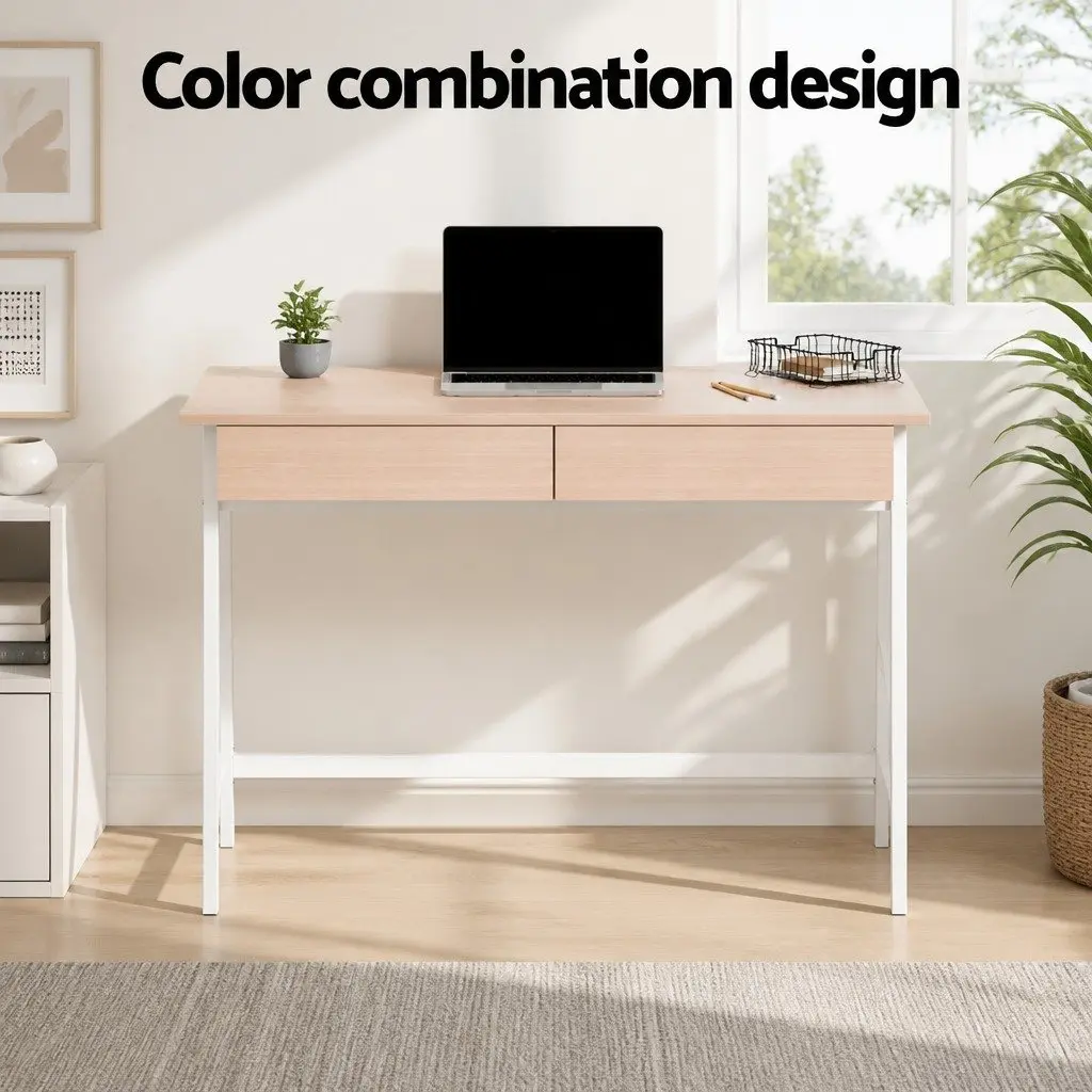 Oak White Computer Desk with Storage Drawers
