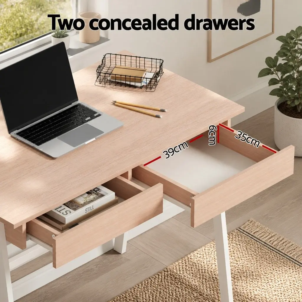 Oak White Computer Desk with Storage Drawers