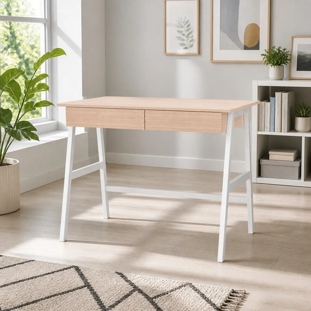Oak White Computer Desk with Storage Drawers