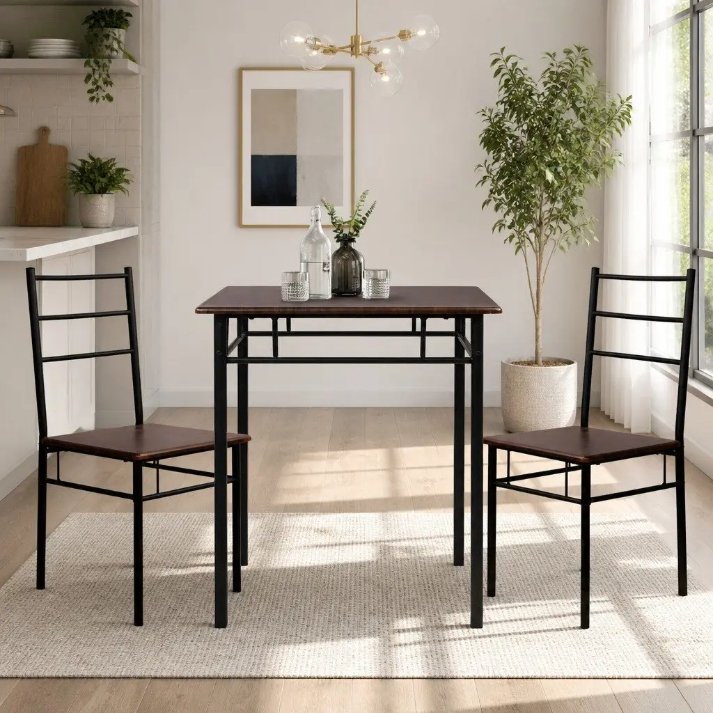 Walnut and Black Industrial Dining Set for 3