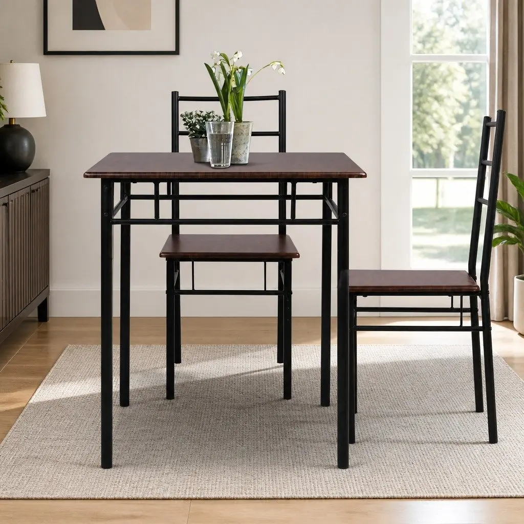 Walnut and Black Industrial Dining Set for 3
