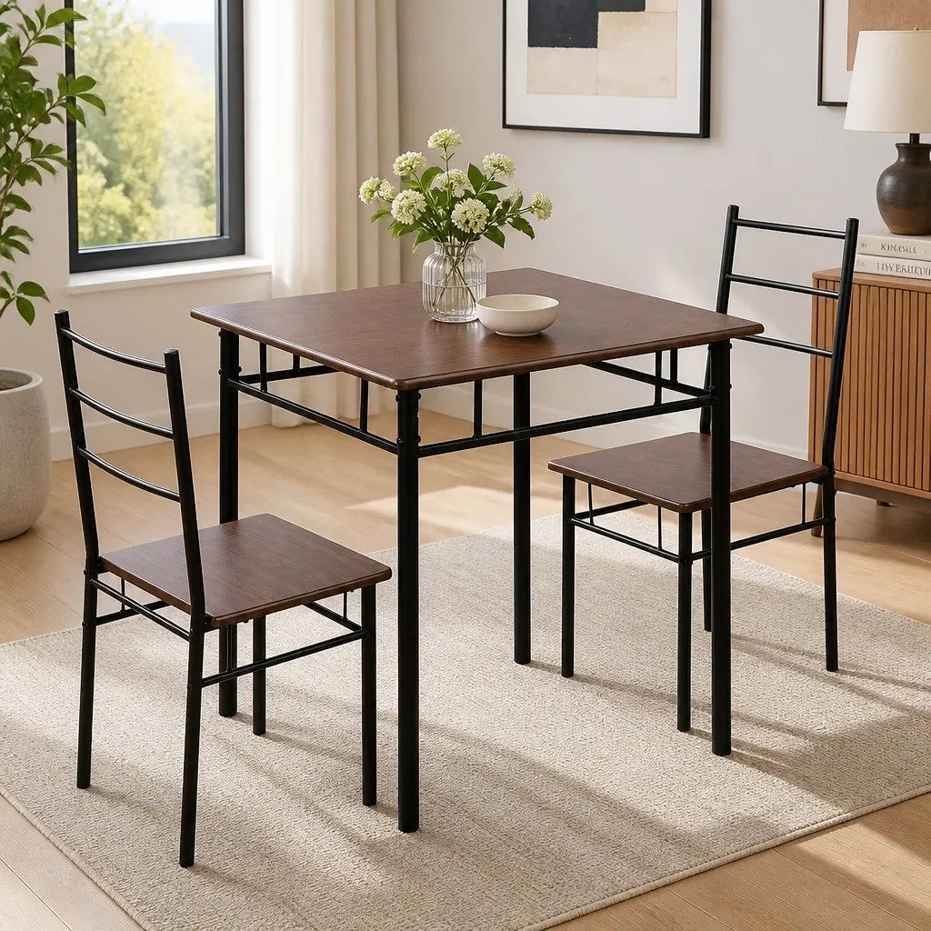 Walnut and Black Industrial Dining Set for 3
