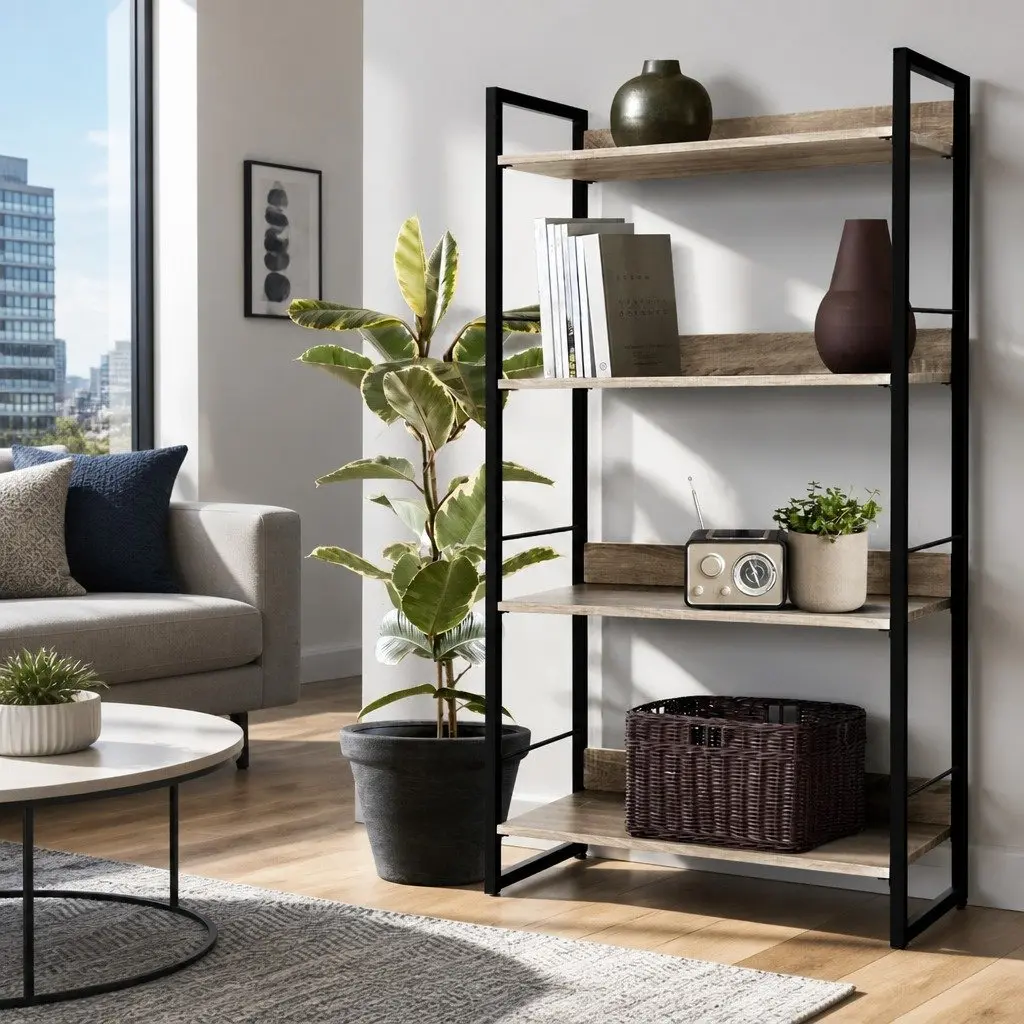 4-Tier Black Wood Display Shelf for Living Spaces