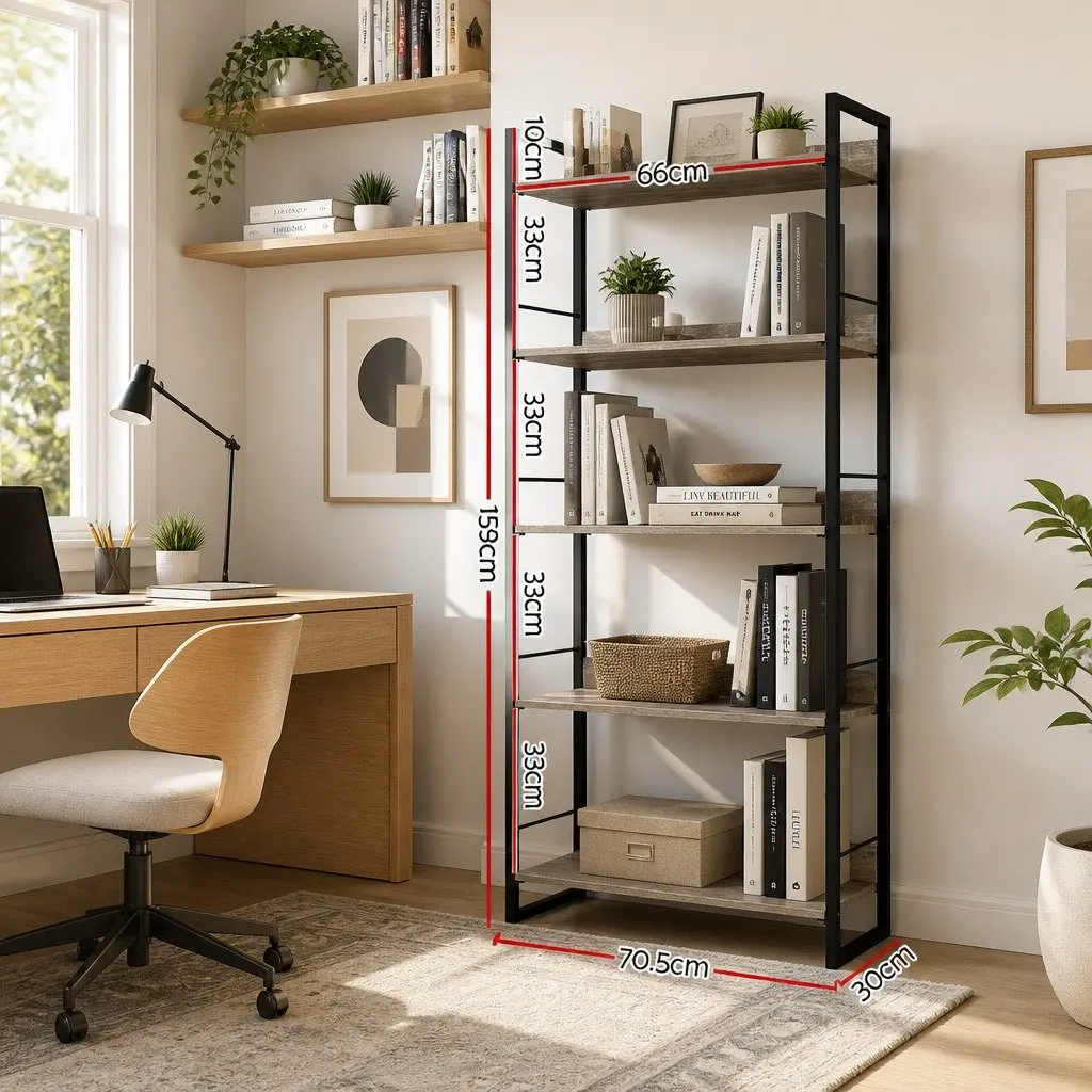 5-Tier Bookshelf Display Shelf Wood Grain Black Metal Frame
