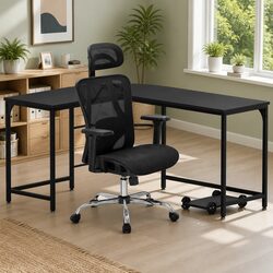 Sturdy L-Shape Computer Desk with Ergonomic Mesh Chair