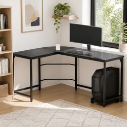 L-Shaped Black Computer Desk with CPU Stand 147cm