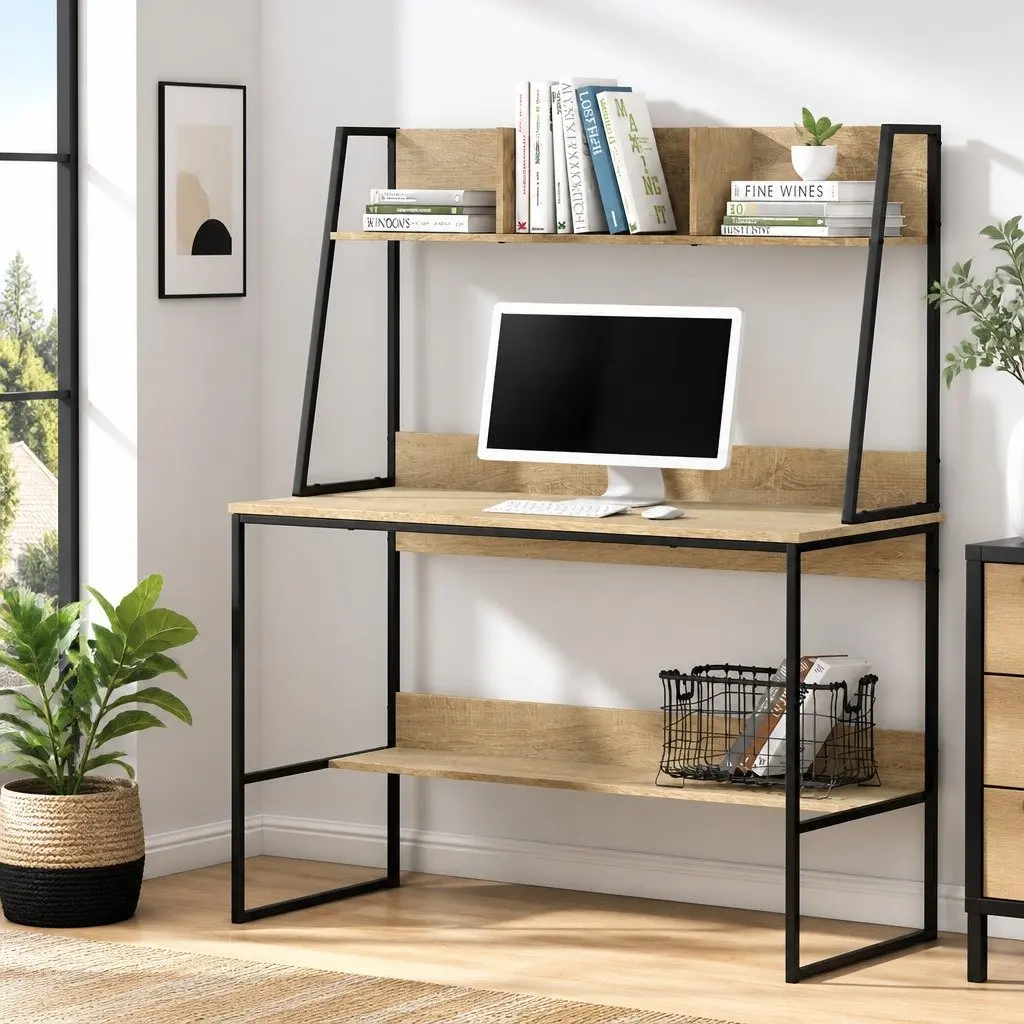 Oak Computer Desk with Storage Shelf 100CM
