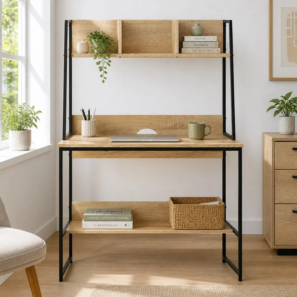 Oak Computer Desk with Storage Shelf 100CM