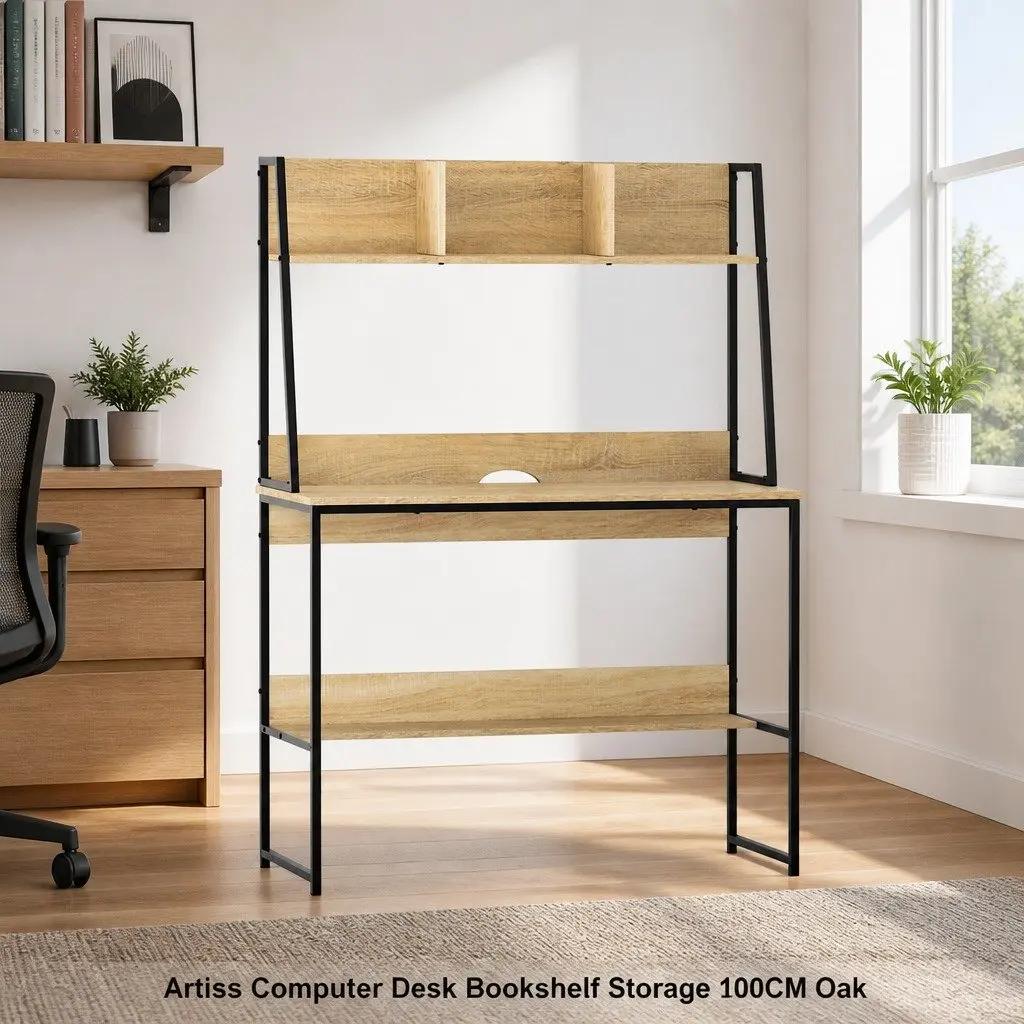 Oak Computer Desk with Storage Shelf 100CM