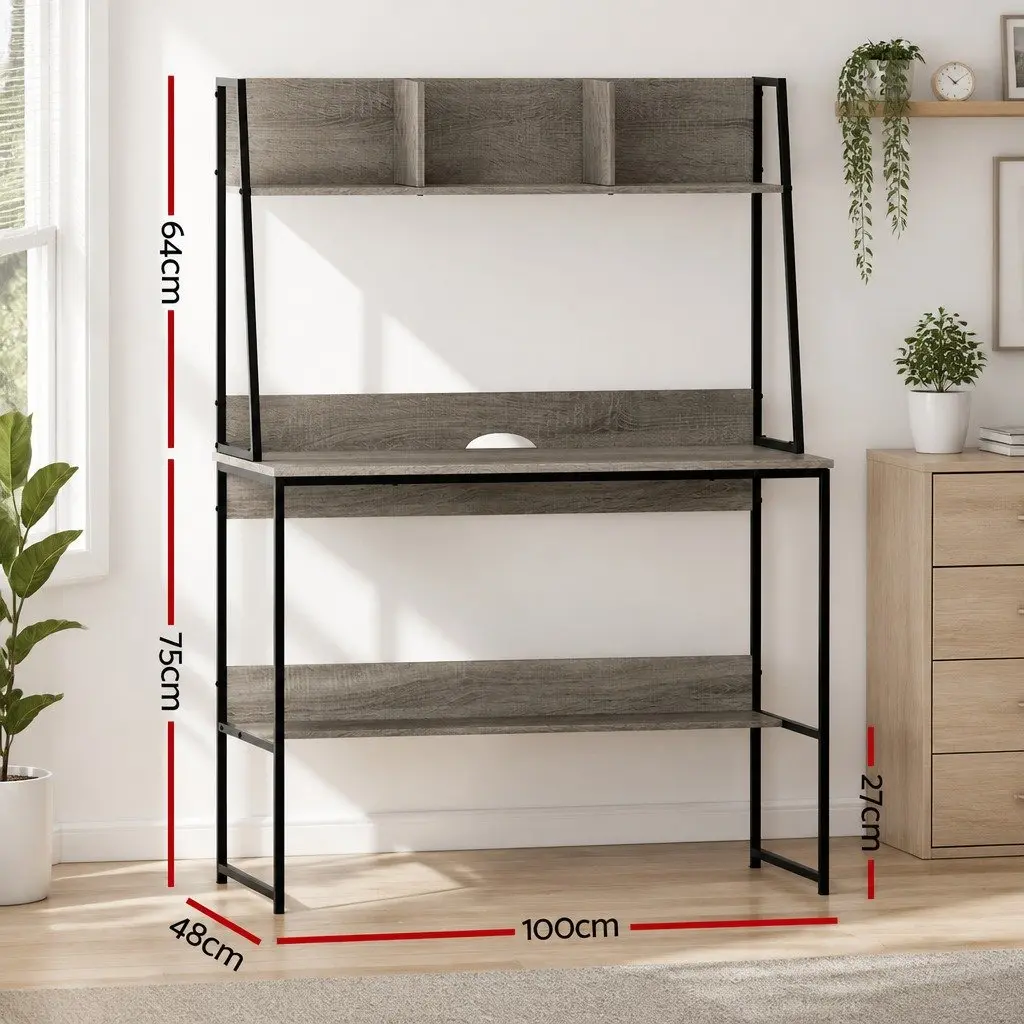 Grey Computer Desk with Bookshelf Storage 100cm