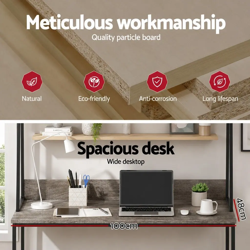 Grey Computer Desk with Bookshelf Storage 100cm