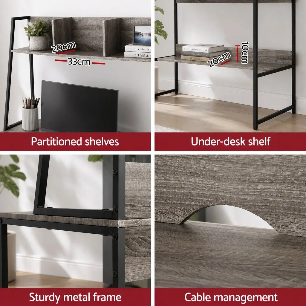 Grey Computer Desk with Bookshelf Storage 100cm
