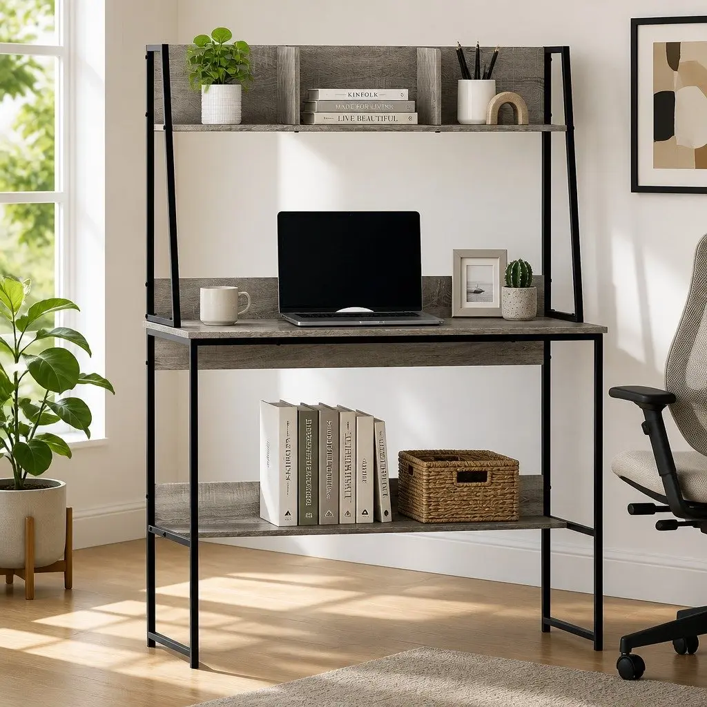 Grey Computer Desk with Bookshelf Storage 100cm