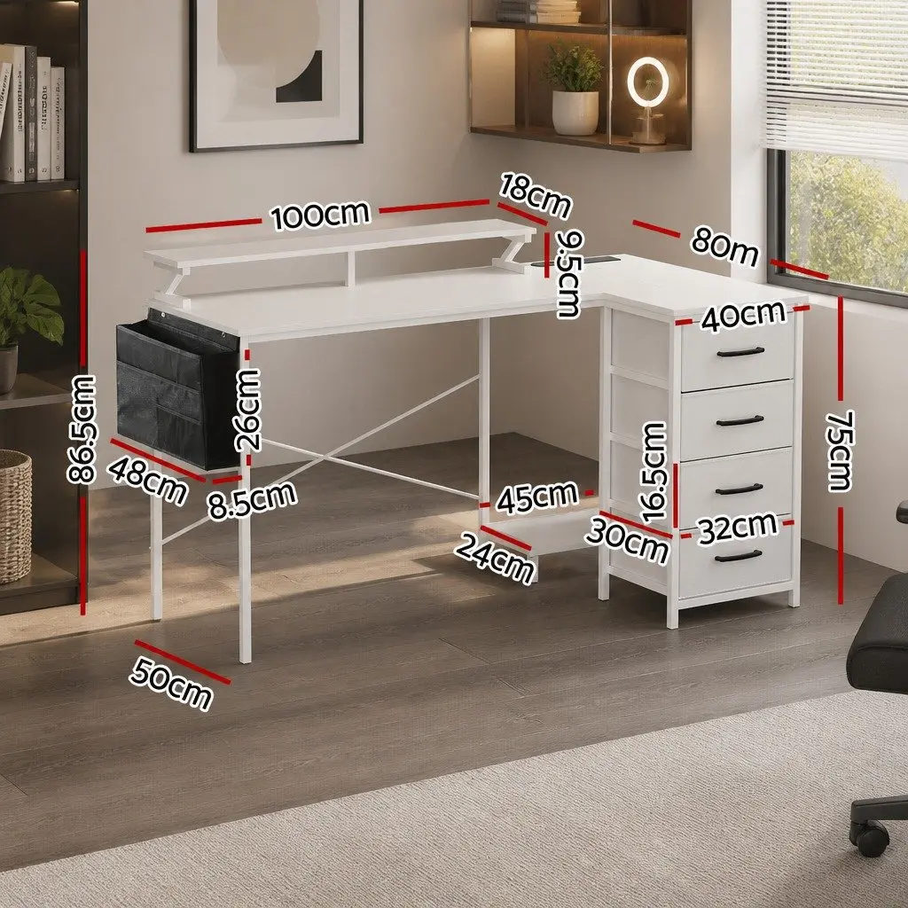 L Shaped Computer Desk Particle Board 140cm White with LED Lighting