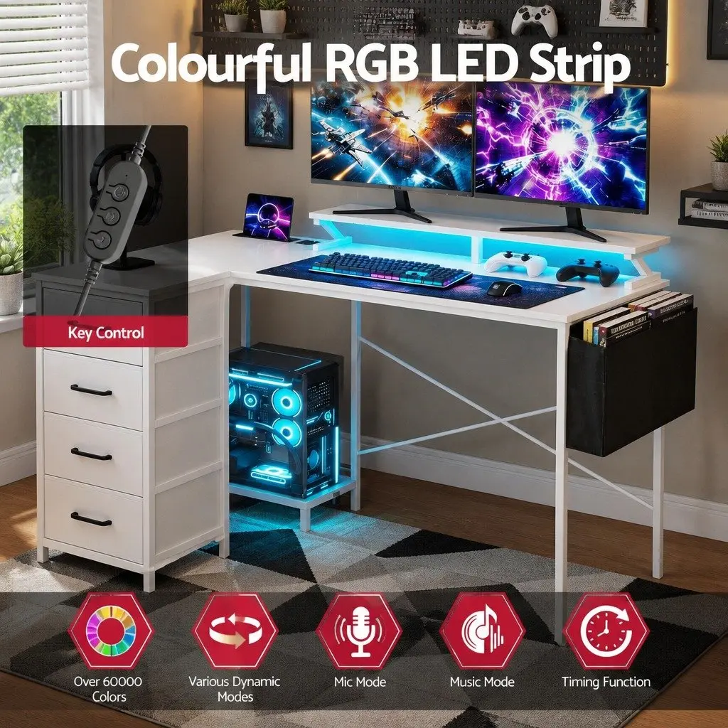 L Shaped Computer Desk Particle Board 140cm White with LED Lighting