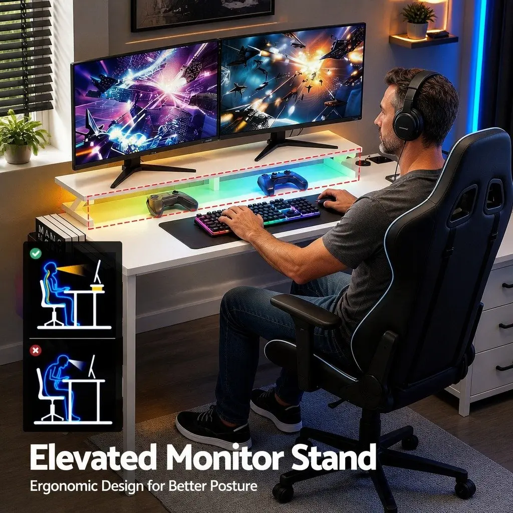 L Shaped Computer Desk Particle Board 140cm White with LED Lighting
