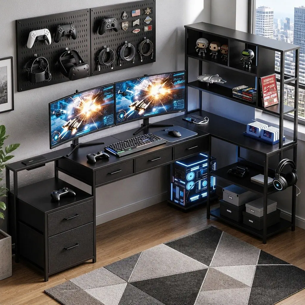 L Shaped Computer Desk Particle Board 200cm Black with RGB LED Lights and Power Outlets