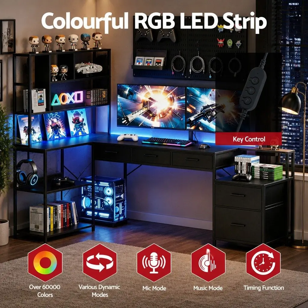 L Shaped Computer Desk Particle Board 200cm Black with RGB LED Lights and Power Outlets