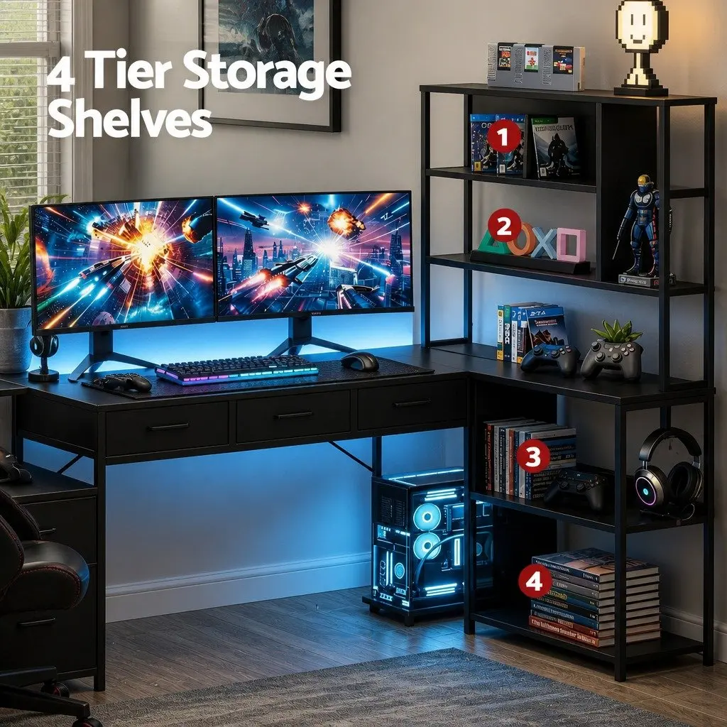 L Shaped Computer Desk Particle Board 200cm Black with RGB LED Lights and Power Outlets
