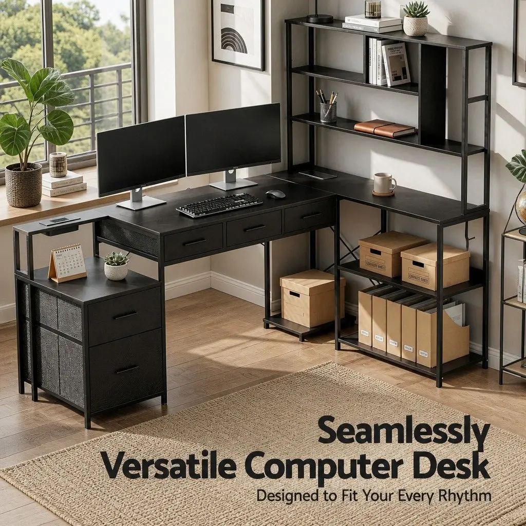 L Shaped Computer Desk Particle Board 200cm Black with RGB LED Lights and Power Outlets