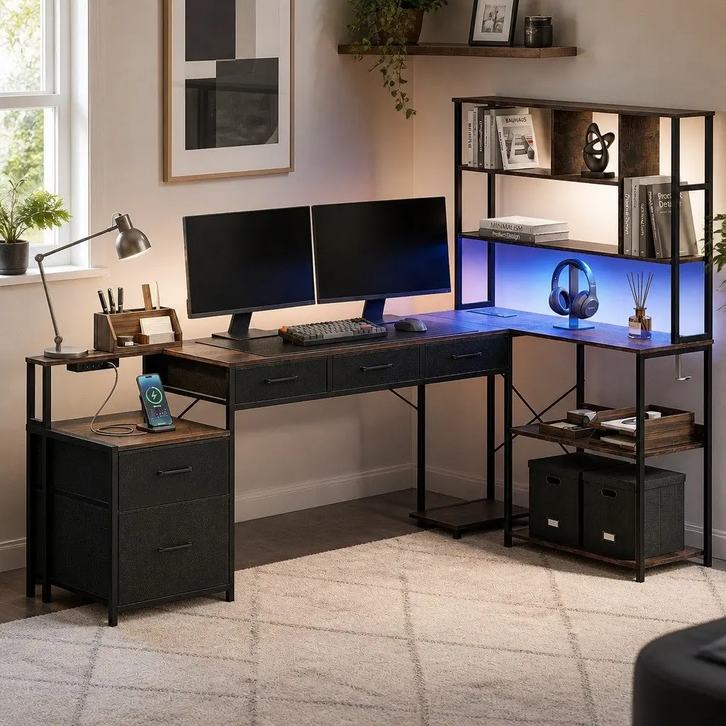 L Shaped Gaming Desk with LED Lights and Power Outlets