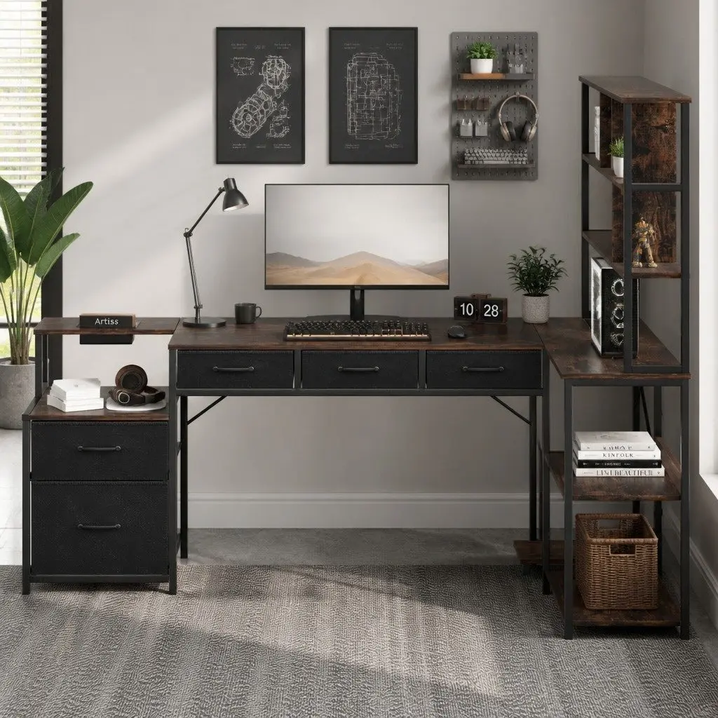 L Shaped Computer Desk Particle Board Steel 200cm Rustic Brown