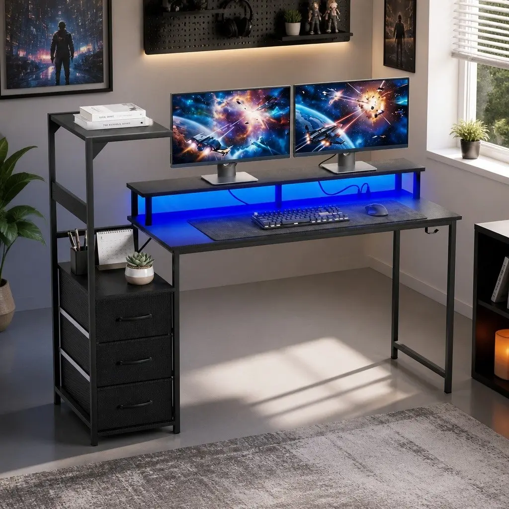 145cm L Shaped Gaming Desk with RGB LED Lighting