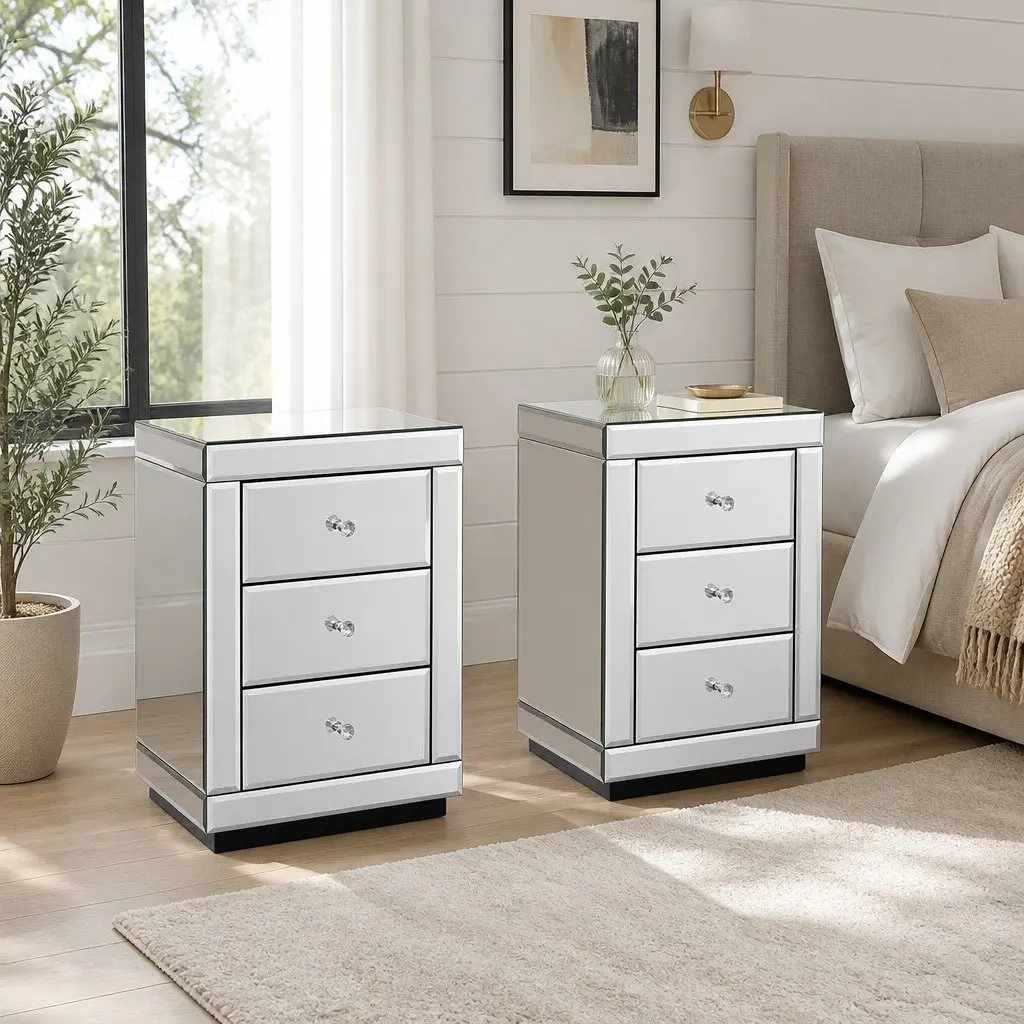 Set of 2 Silver Mirrored Bedside Tables