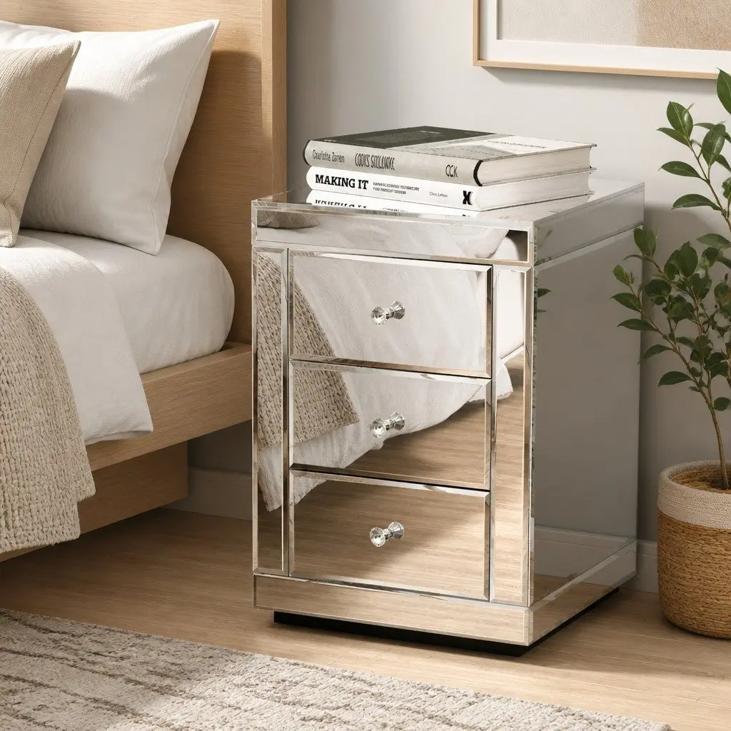 Mirrored Silver Nightstand with 3 Drawers