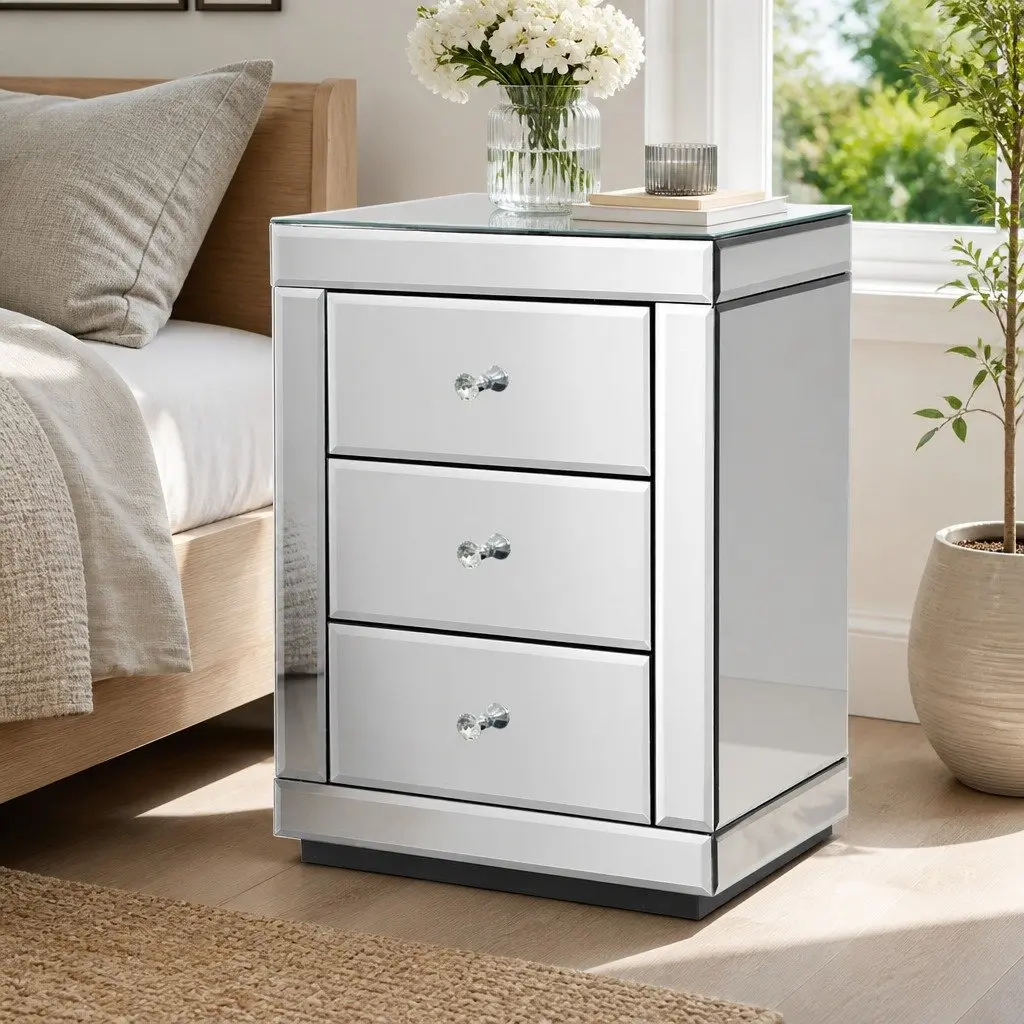 Mirrored Silver Nightstand with 3 Drawers