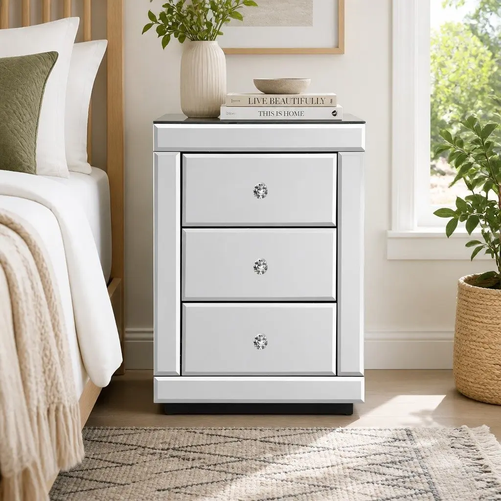 Mirrored Silver Nightstand with 3 Drawers