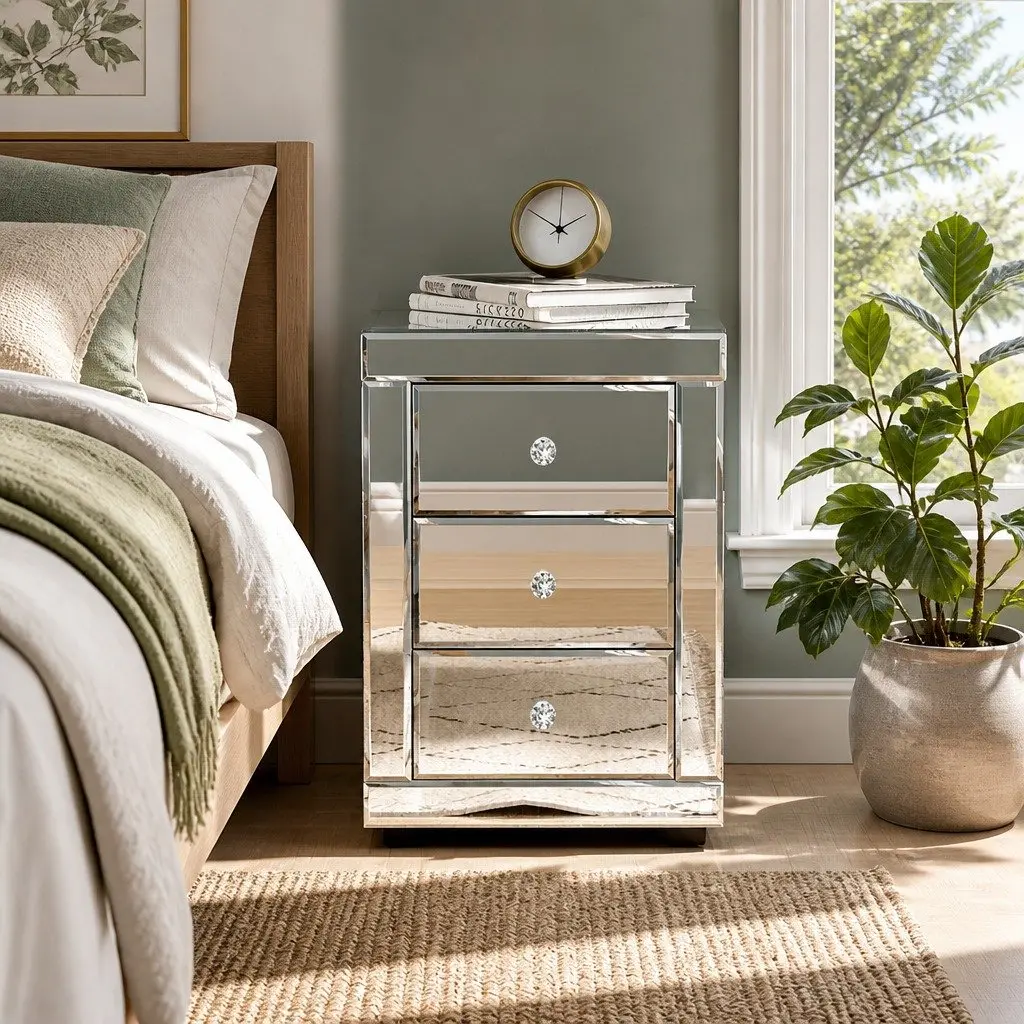 Mirrored Silver Nightstand with 3 Drawers