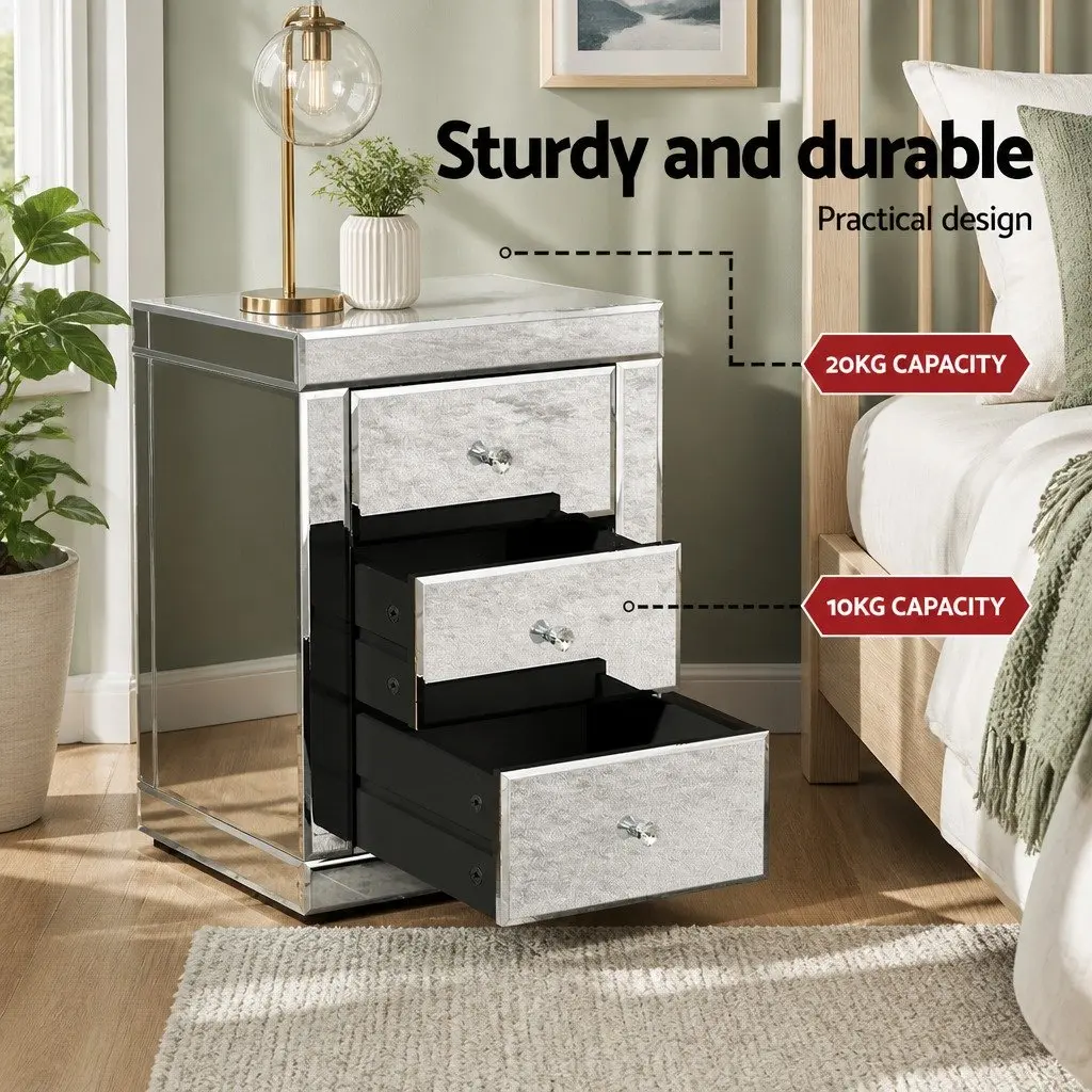 Mirrored Silver Nightstand with 3 Drawers