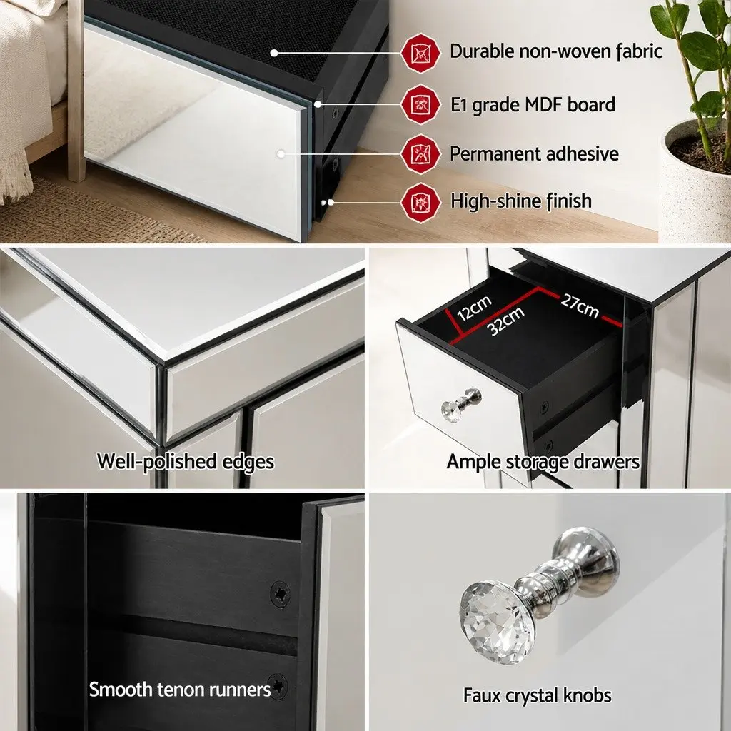 Mirrored Silver Nightstand with 3 Drawers