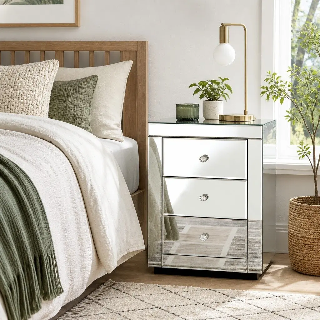Mirrored Silver Nightstand with 3 Drawers