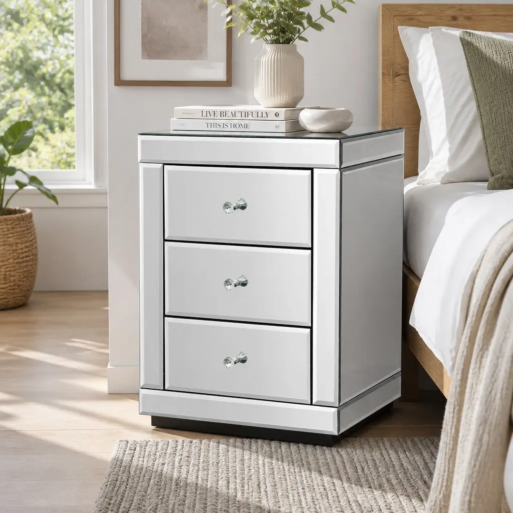 Mirrored Silver Nightstand with 3 Drawers