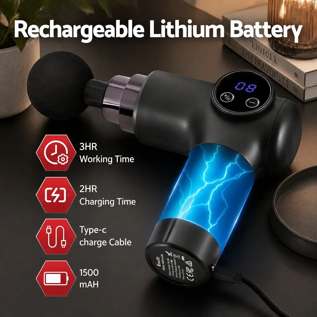 Massage Gun Vibration Massager Rechargeable Black 8 Speed 4 Head Muscle Relief