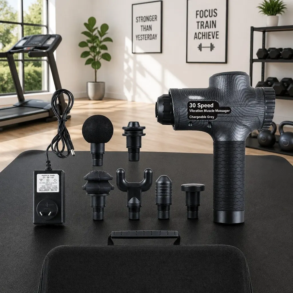 Grey Massage Gun with 30 Speeds and 6 Heads