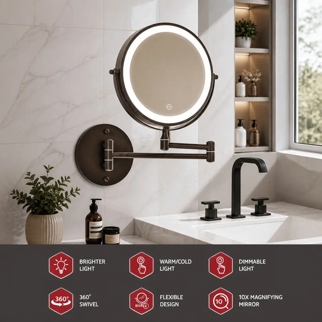 Brown LED Makeup Mirror with 10X Magnification
