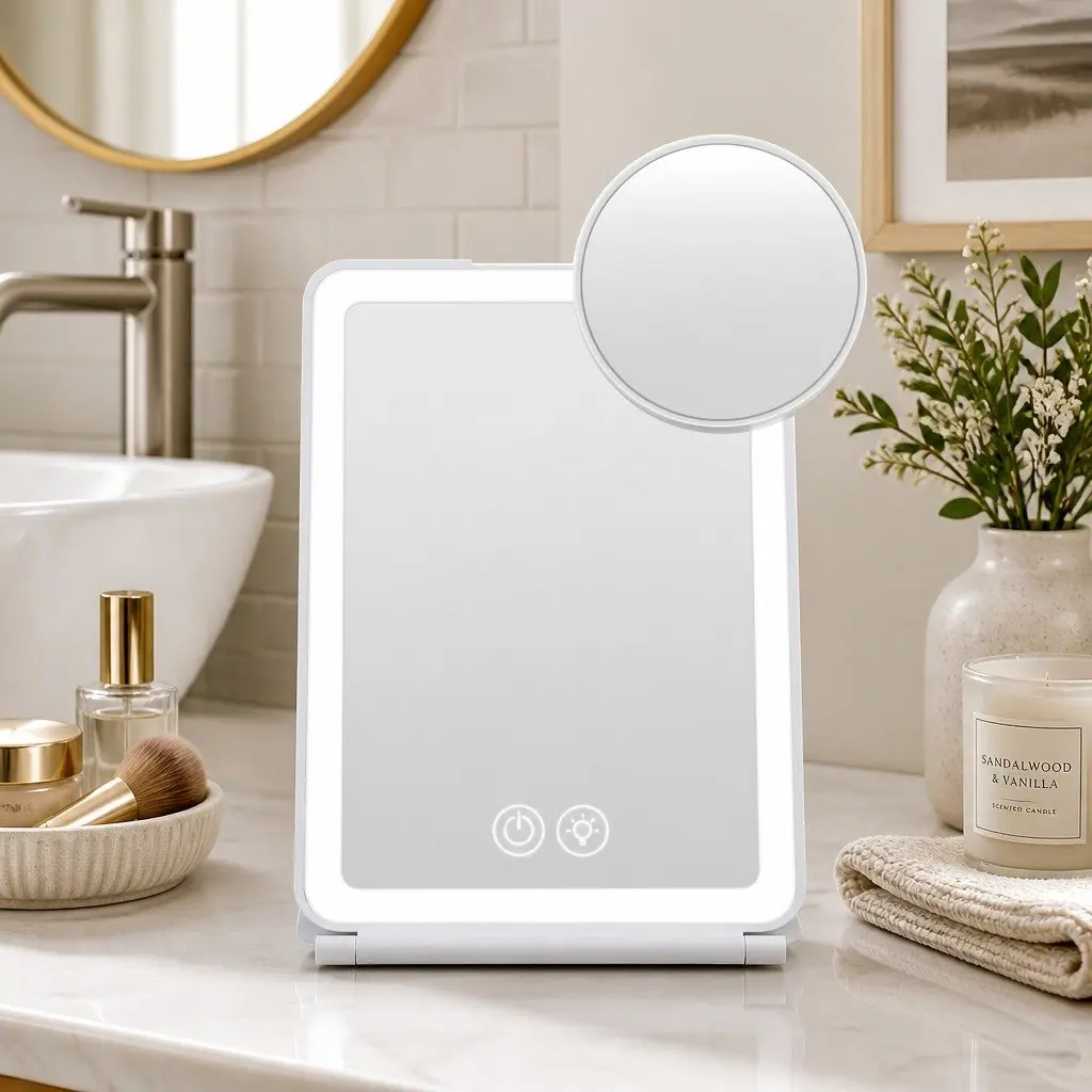 Makeup Mirror Plastic 19cm x 13cm White with Lights and 10x Magnifier Rechargeable Portable Travel Vanity