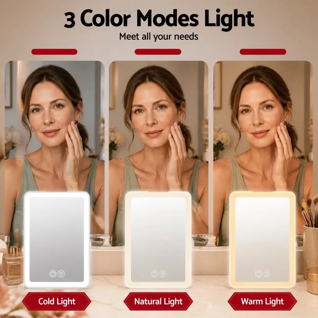 Makeup Mirror Plastic 19cm x 13cm White with Lights and 10x Magnifier Rechargeable Portable Travel Vanity